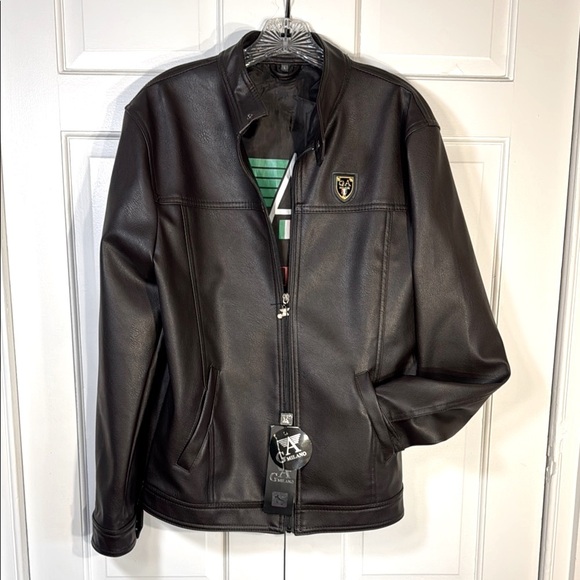 G A Milano NWT Black Faux Leather Bomber Jacket Sleek Fitted Design - Picture 1 of 15